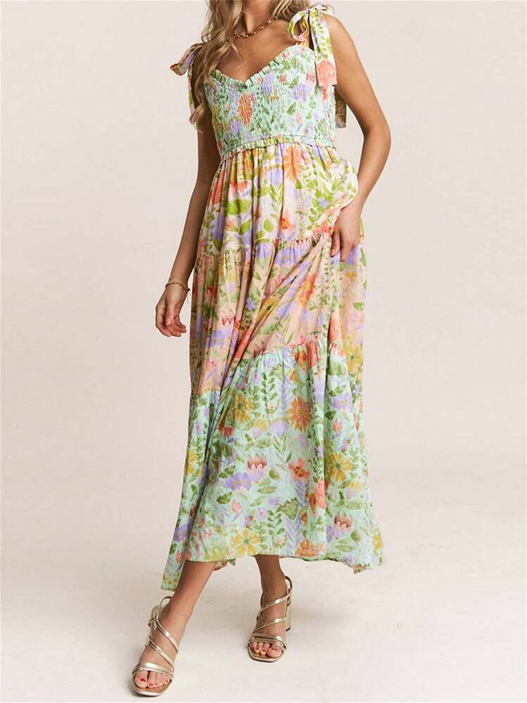 Women Summer Sleeveless Dress Casual Tie Up Straps Floral Print Backless A-Line Party Dress For Beach Club Streetwear | SHEIN