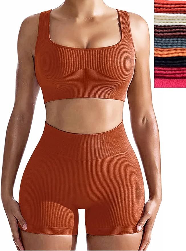 Workout Sets for Women, Seamless Crop Tops Leggings Matching 2 Pieces Outfits, Sexy Two Piece Yog... | Amazon (US)