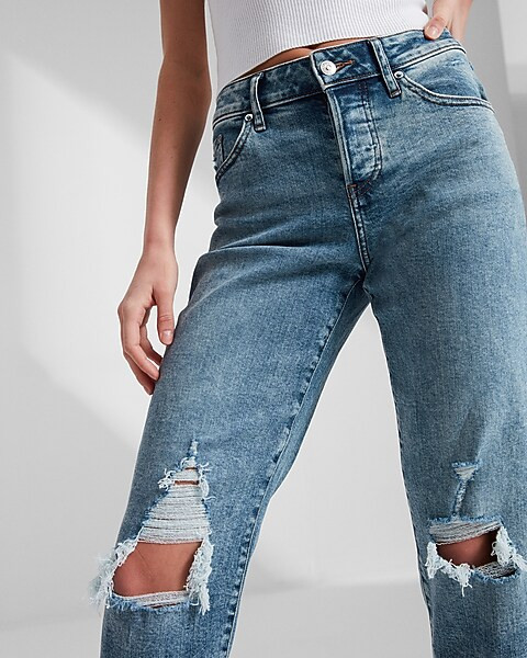 Mid Rise Medium Wash Ripped Boyfriend Jeans | Express