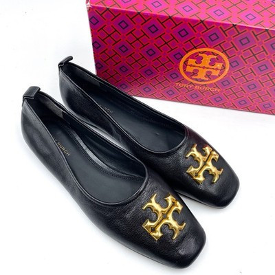 Tory Burch Eleanor Ballet Flats Black Leather Square Toe Gold Logo Sz 7.5 | eBay US