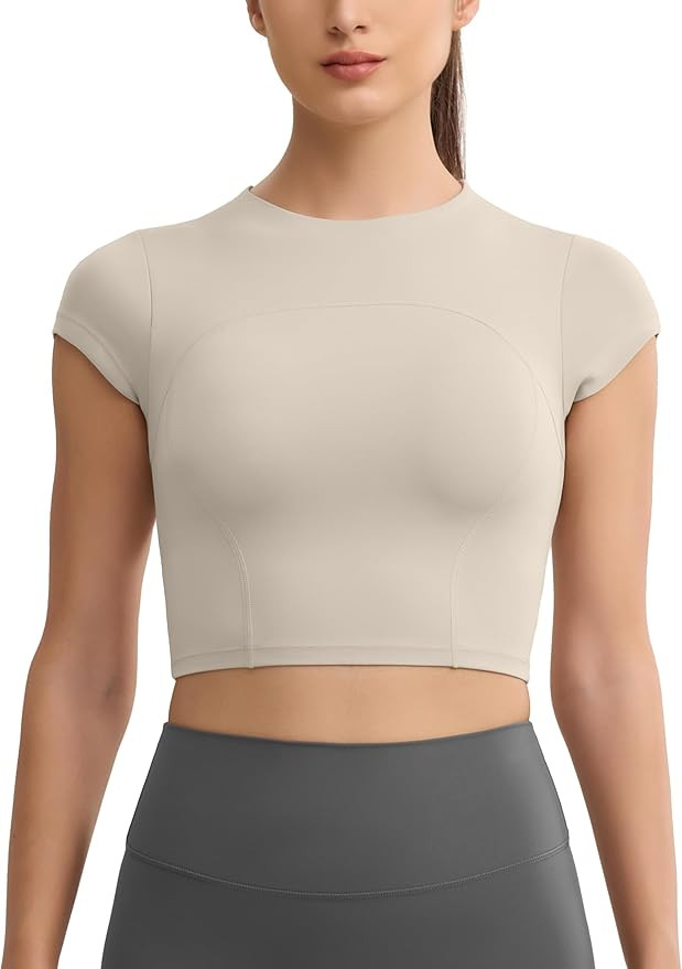 Workout Crop Tops for Women Yoga Short Sleeve Mild Support Slim Fit Cropped Athletic Shirts Gym T... | Amazon (US)