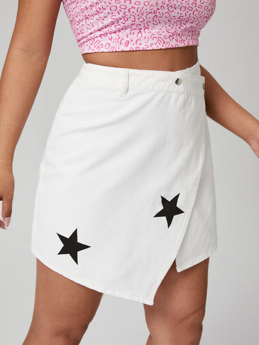 Plus Star Print Wrap Hem Denim Skirt | SHEIN