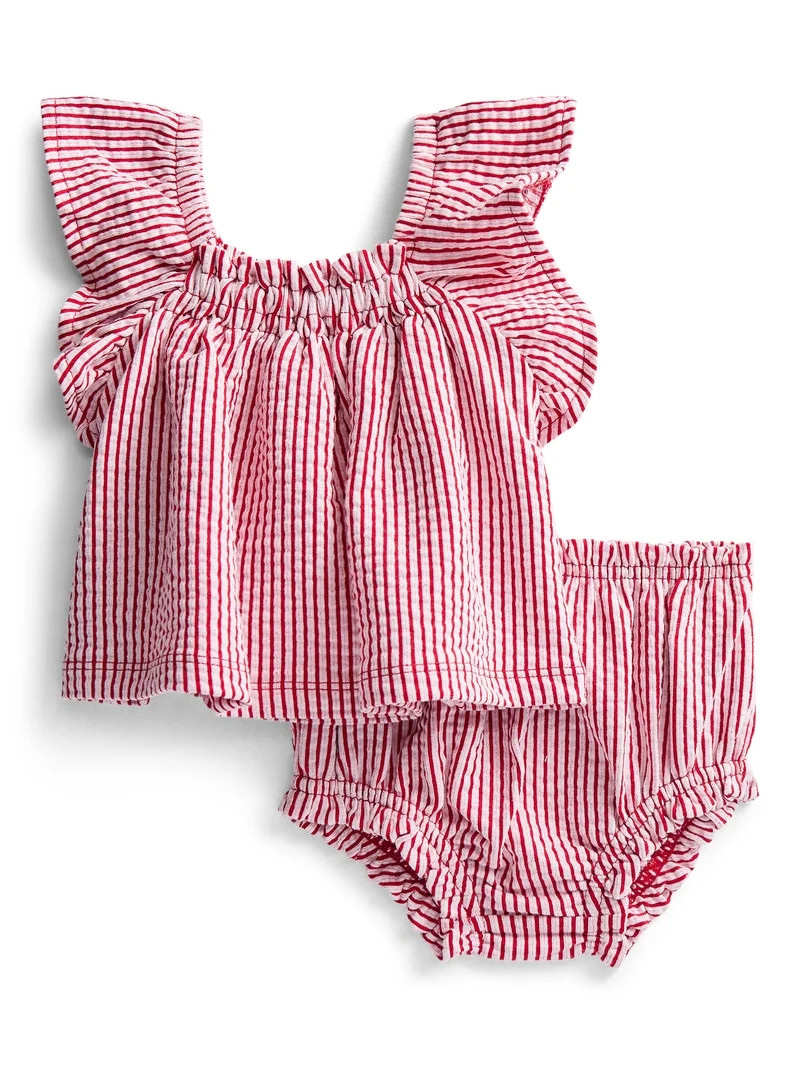Wonder Nation Baby Girls Seersucker Romper & Bloomers with Flutter-Sleeve, 2-Piece Set, Sizes 0... | Walmart (US)