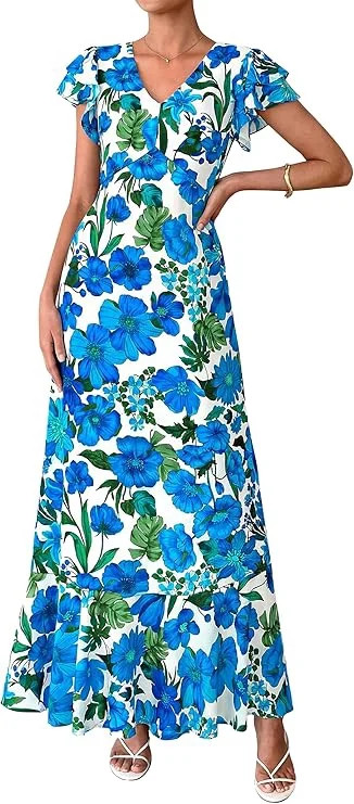 PRETTYGARDEN Womens Summer Floral Maxi Dresses Spring Short Sleeve Ruffle V Neck Flowy Boho Long ... | Walmart (US)