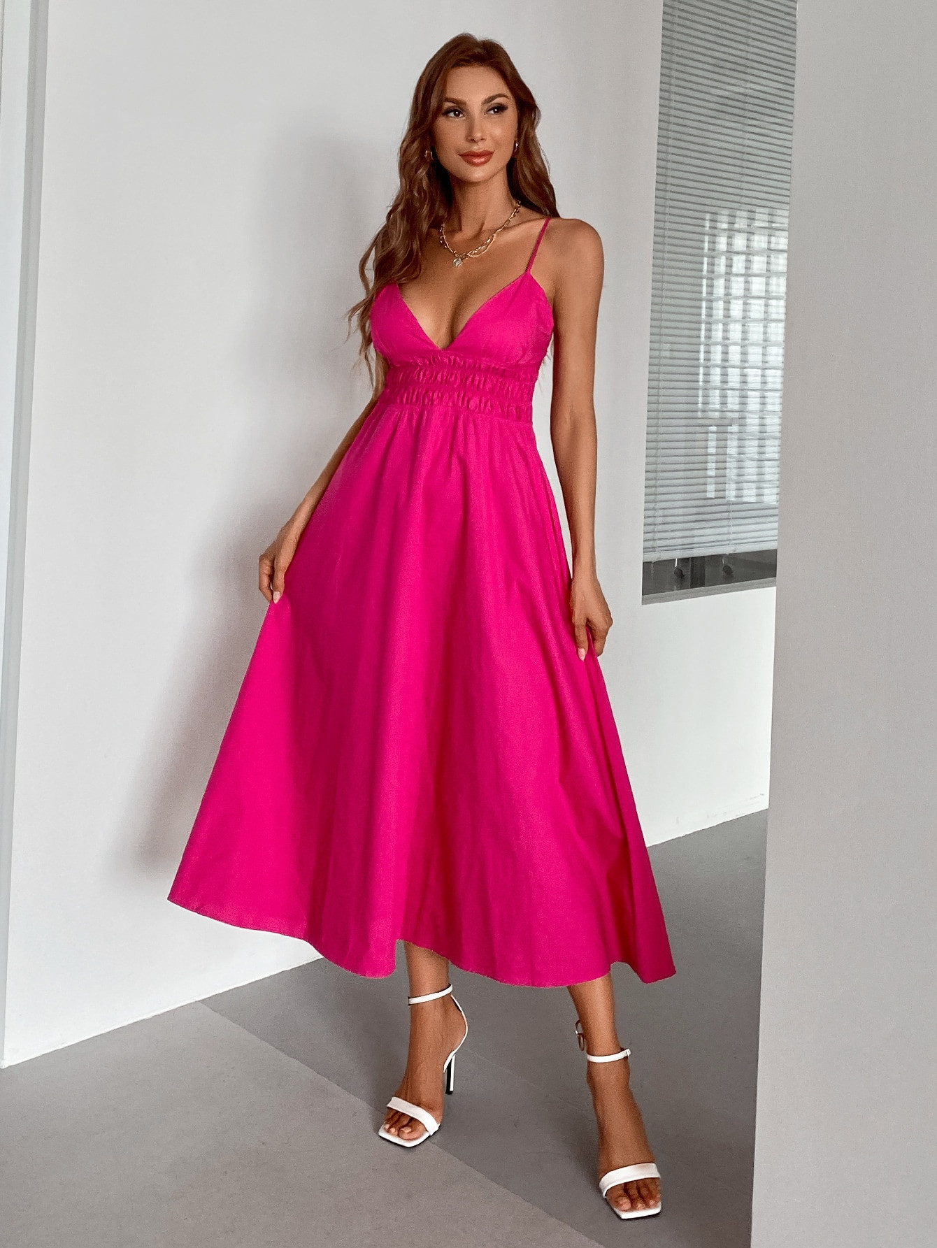 Solid Shirred Waist Cami Dress | SHEIN