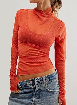 Womens Mesh Sheer Lace Laying Top Mock Neck Long Sleeve Polka Dot See Through Shirt Blouses Tops | Amazon (US)