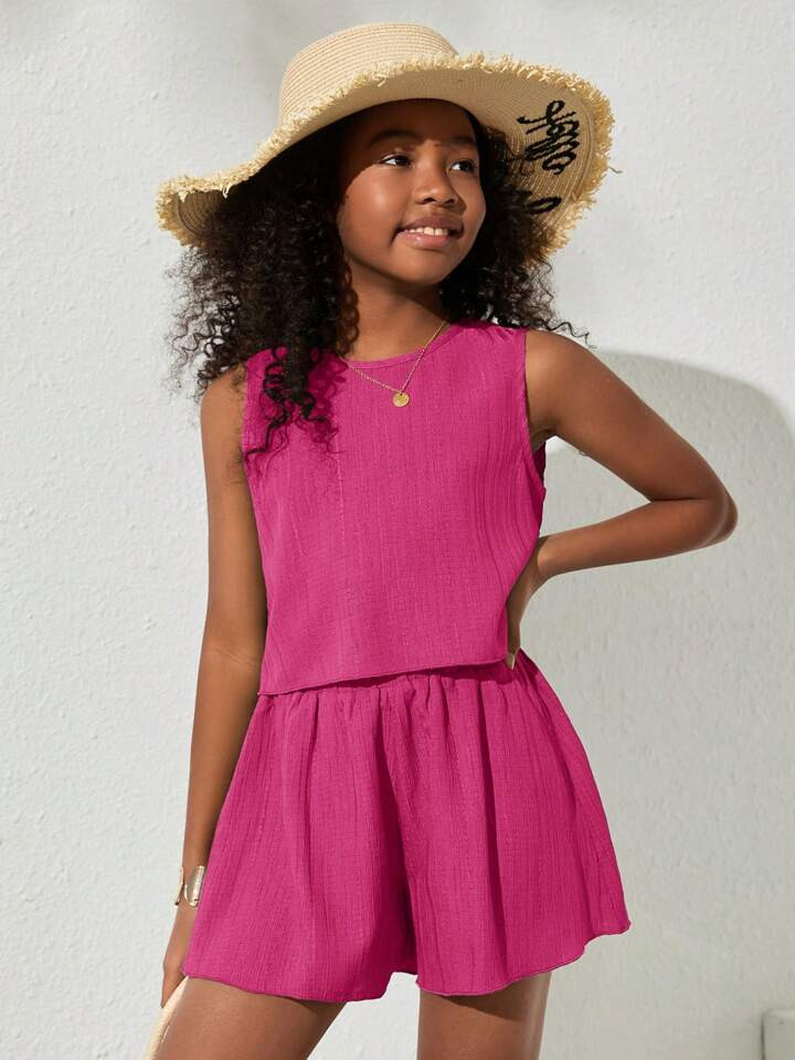 Tween Girl Daily Casual Woven Solid Color Sleeveless Top And Shorts Set For Spring And Summer | SHEIN