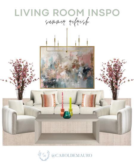Transform your living room into a cozy and bright space with this white upholstered sofa, coffee table, knotted rug, faux cherry blossom tree, and more for summer!
#decoridea #summerrefresh #homefinds #interiordesign

#LTKStyleTip #LTKHome #LTKSeasonal