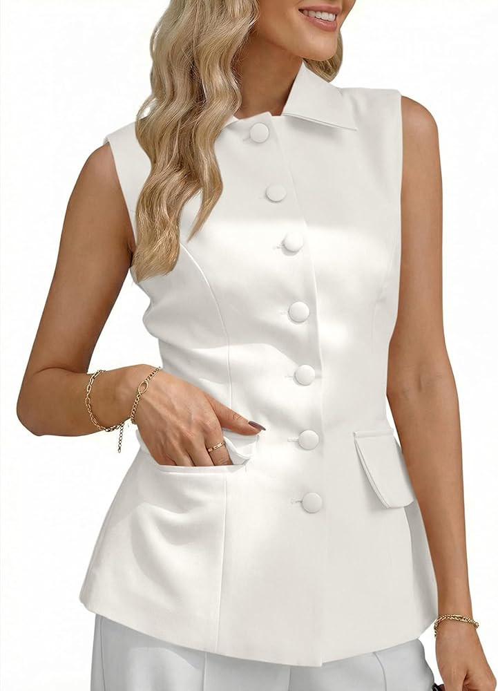 Cicy Bell Womens Summer Suit Vest Tops Button Down Collared Blazer Waistcoats Work Office Dressy ... | Amazon (US)