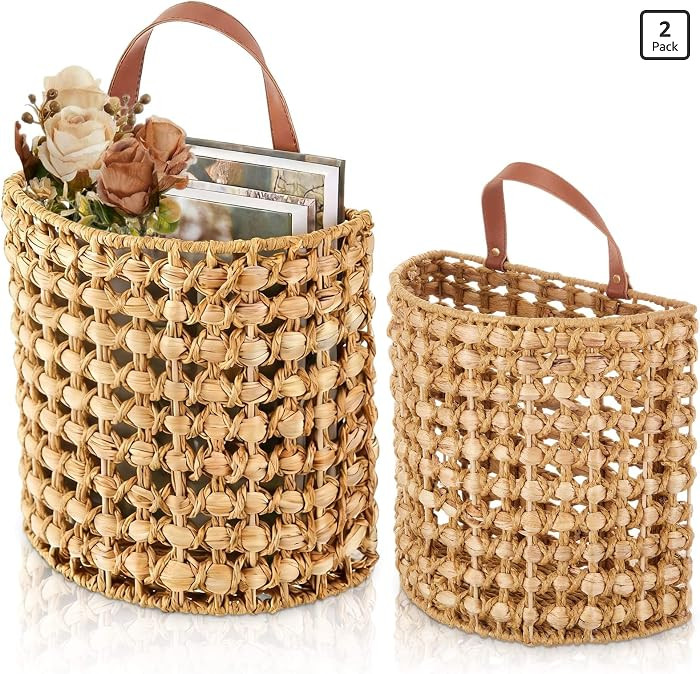 Chunful 2 Pcs Water Hyacinth Hanging Wicker Basket, Natural Wicker Decorative Baskets, Handmade W... | Amazon (US)