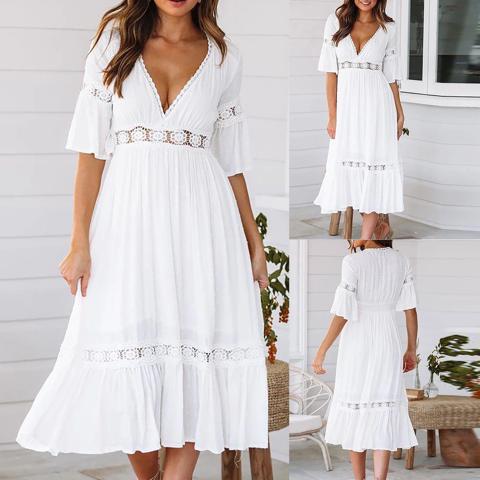 FITORON White Dress for Women Elegant Wedding Guest Dress Sexy V Neck Swing Ruffles Ruched Beach ... | Walmart (US)