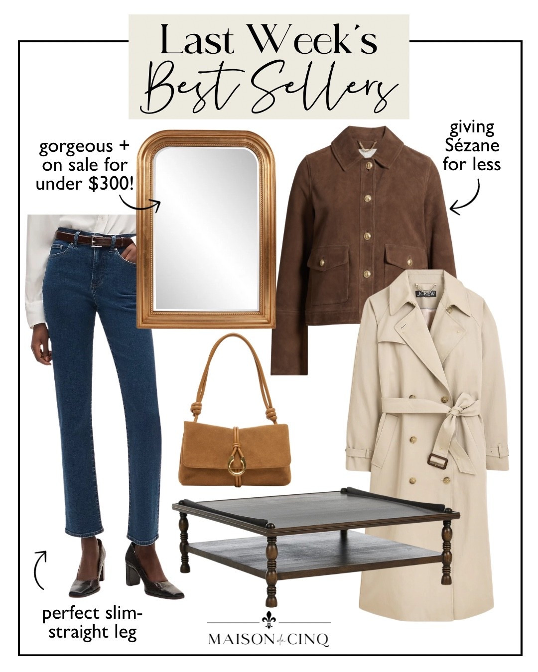 Last week’s best sellers include a gorgeous mirror under $300, my fave trench coat 30% off, the perfect straight jean, and more!

Home decor, fall fashion, fall coat, fall outfit, wall decor, coffee table

#LTKOver40 #LTKSaleAlert #LTKHome