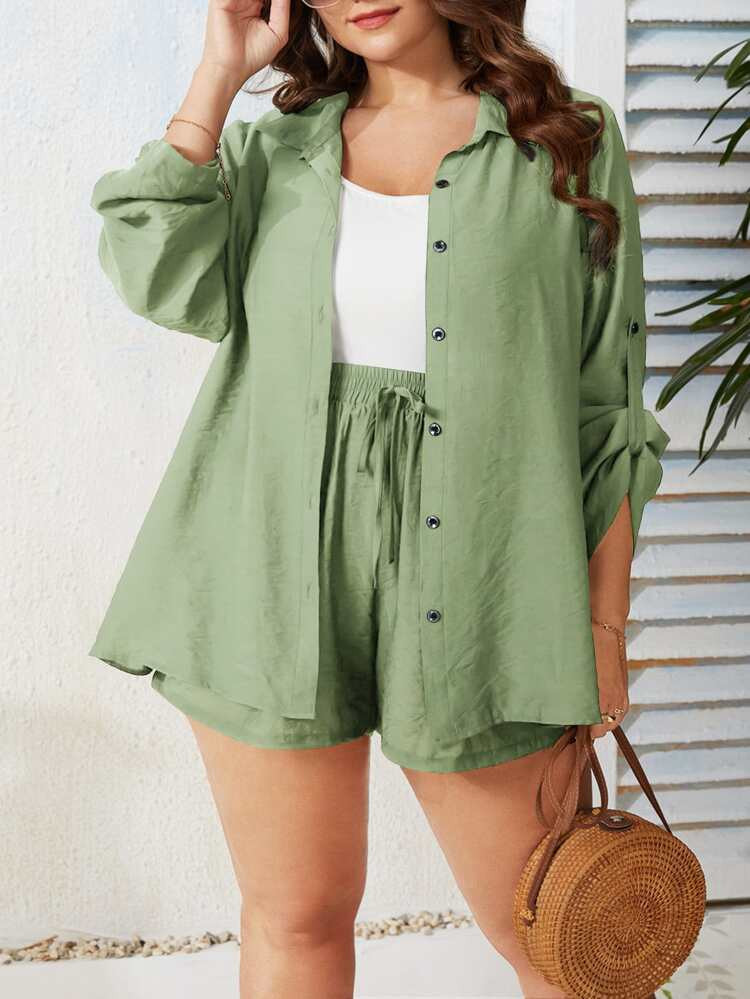 Plus Solid Top & Button Through Roll Up Sleeve Blouse & Tie Front Shorts | SHEIN