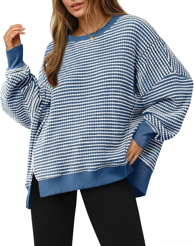 Fisoew Women's Fall Oversized Sweatshirt Casual Waffle Knit Long Sleeve Crewneck Split Pullover T... | Amazon (US)