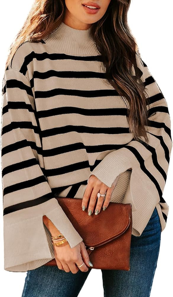 Dokotoo Womens Sweaters Fall 2023 Mock Neck Bell Sleeve Striped Ribbed Knitted Sweater Casual Loo... | Amazon (US)