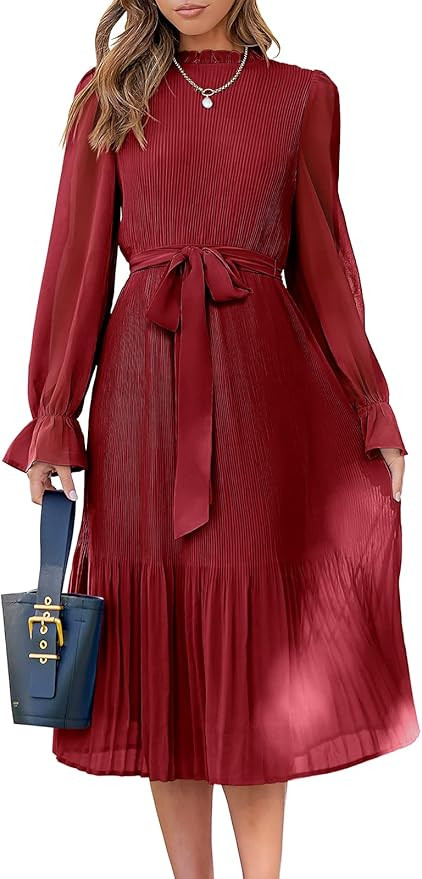 ANRABESS Women's Floral Midi Dress Puff Long Sleeve Casual Ruffle Chiffon A-Line Swing Pleated Be... | Amazon (US)