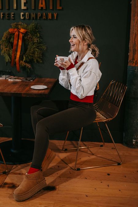 Athleisure with red. Athleta makes this perfect red workout top. Red socks. Platform Uggs  

#LTKfitness #LTKSeasonal #LTKstyletip