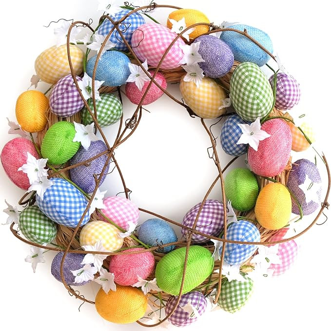 Idyllic 14 Inch Spring Easter Colorful Plaid Eggs Wreath for Doors, Easter Holiday Home Decorativ... | Amazon (US)
