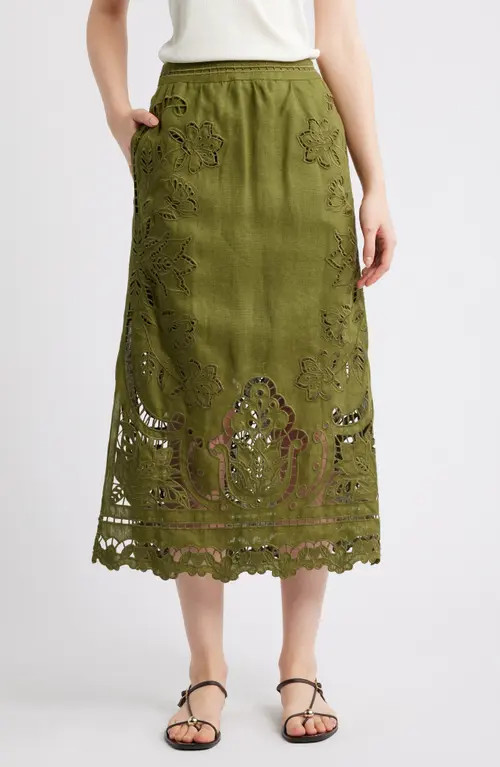 FARM Rio Majestic Garden Embroidered Eyelet Linen Midi Skirt in Green at Nordstrom, Size Large | Nordstrom