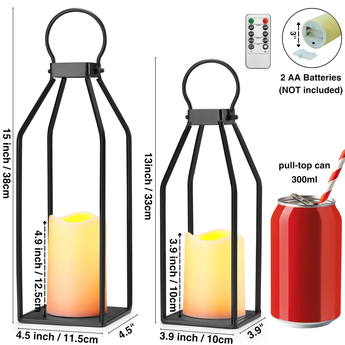 Modern Farmhouse Lantern Decor, 15'' 13'' Set Of 2 Black Metal Lantern, 2 LED 6Hr Timer Flameless... | Wayfair North America