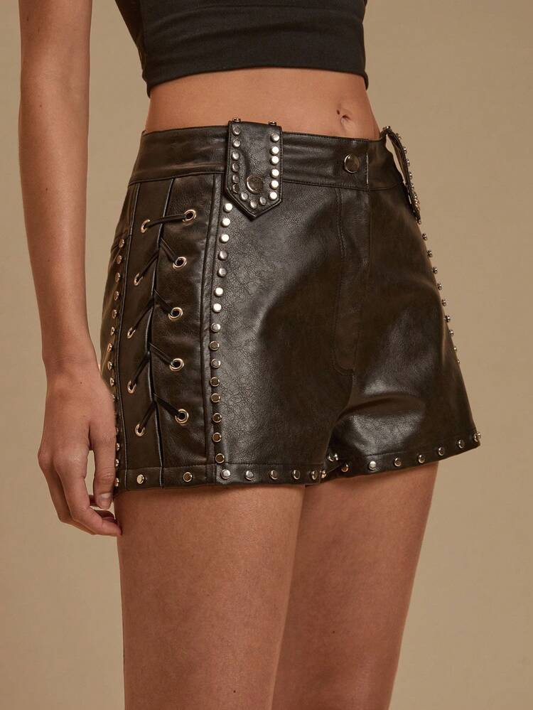 Glamine Women's Brown PU Leather Woven Rivet Decor Leather Fashion Sexy Casual Shorts, Suitable For Music Festivals, Parties, Dates Havana Nights | SHEIN