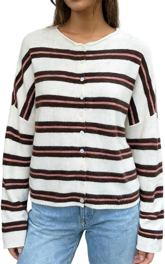 Women Knitted Cardigan Sweaters Long Sleeve Button Down Loose Knitwear Tops Y2k Vintage Jumper Kn... | Amazon (US)