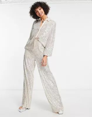 Flounce London Tall relaxed sequin shirt and trousers in silver sequin co-ord | ASOS (Global)