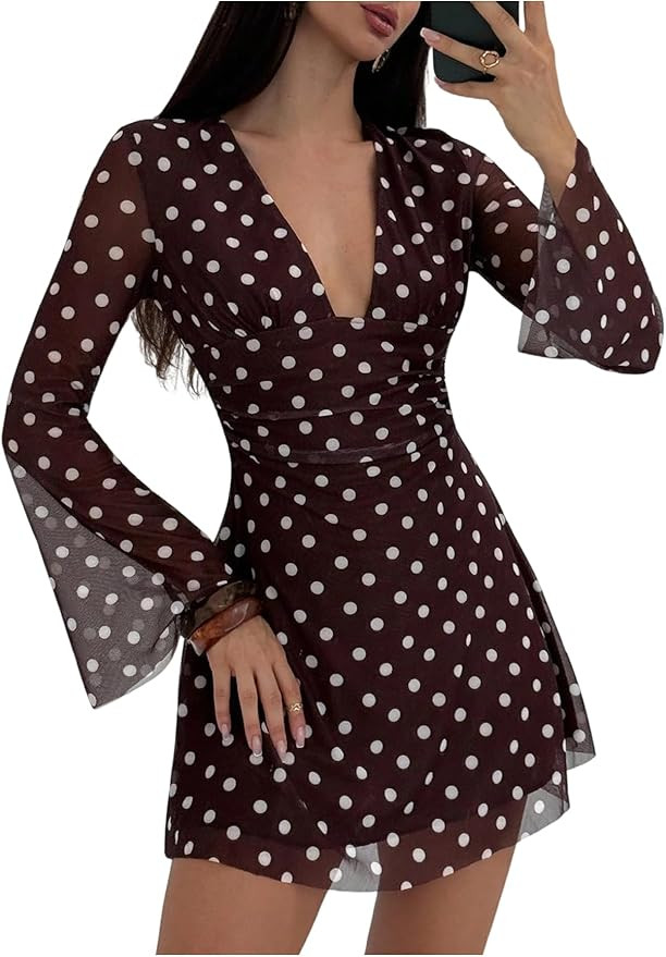Floerns Women's Polka Dots Mesh Mini Dress V Neck Bell Sleeve Vintage Going Out Dresses | Amazon (US)