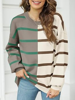 Fisoew Womens Striped Pullover Sweater Crew Neck Long Sleeve Knitted Color Block Casual Loose Lig... | Amazon (US)