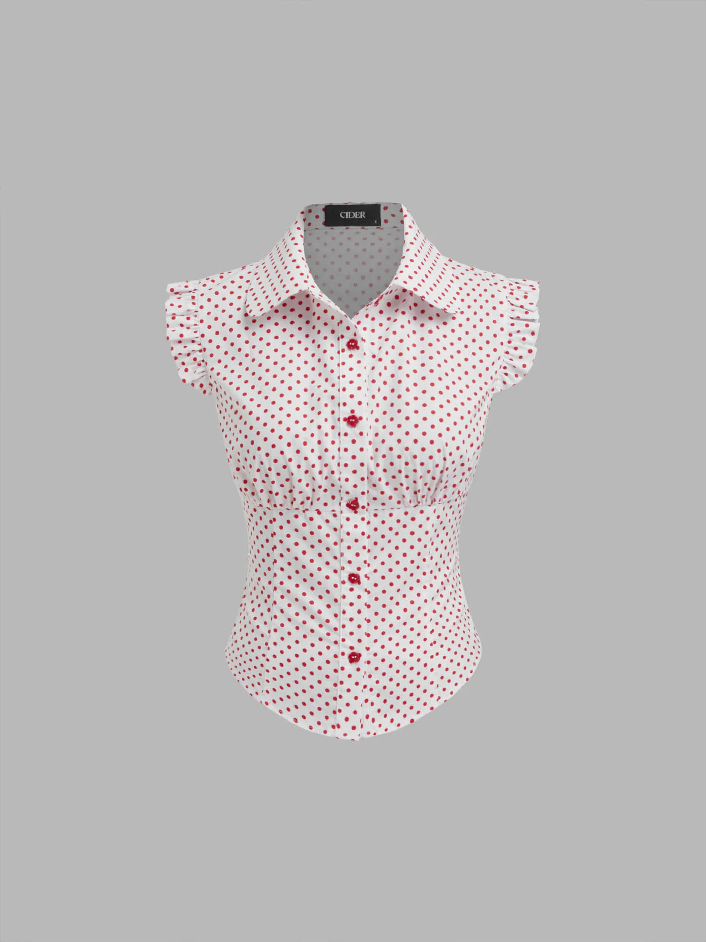 Woven 100% Cotton Peter Pan Collar Polka Dot Lettuce Trim Curve Hem Blouse For Work | Cider