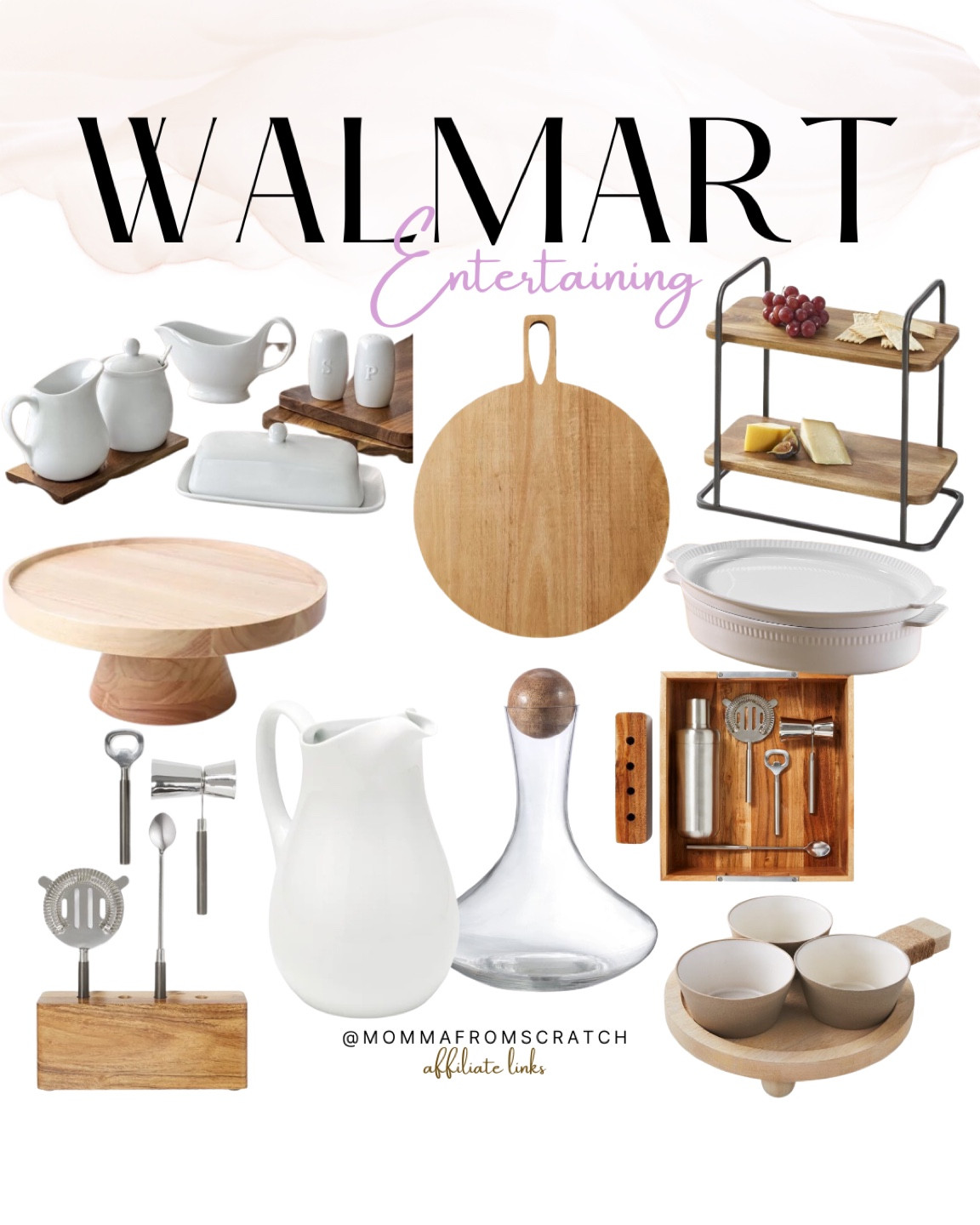 Walmart entertainment decor, drink set, cake plates, wood charcuterie board, drinks, serving platters, Walmart kitchen 

#LTKhome #LTKstyletip #LTKfamily