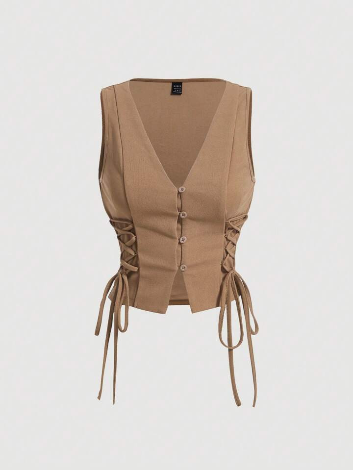 SHEIN x Marika Sila SHEIN MOD Retro Vintage Clothes Crossed Frenulum Drawstring Side Crop Tank To... | SHEIN