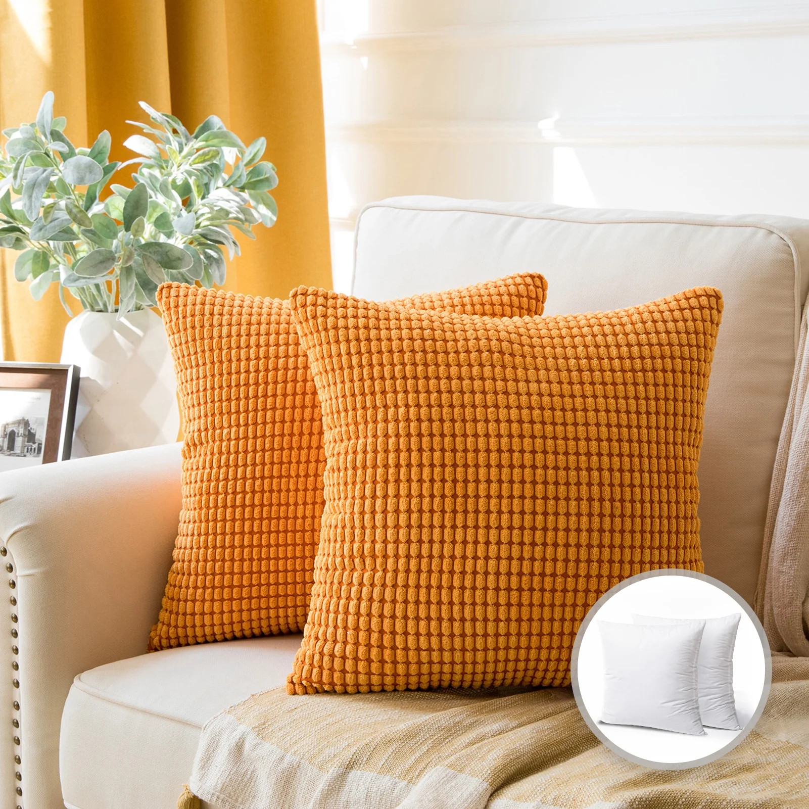 Soft Corduroy Corn Striped Velvet Series Decorative Throw Pillow, 20" x 20", Orange, 2 Pack | Walmart (US)