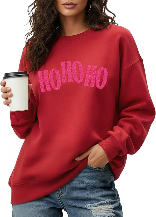 WDCOZY Women's Christmas Sweatshirt Casual Crew Neck Pullover Top Embroidered Long Sleeve Loose F... | Amazon (US)