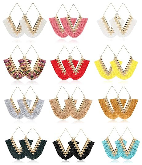 Subiceto 12 Pairs Colorful Tassel Dangle Earrings for Women Statement Bohemian Handmade Lightweig... | Amazon (US)