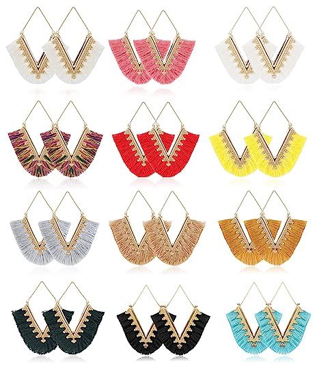 Subiceto 12 Pairs Colorful Tassel Dangle Earrings for Women Statement Bohemian Handmade Lightweig... | Amazon (US)