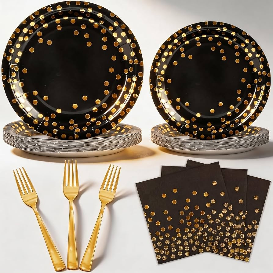 100 Pack Disposable Dinnerware for 25 Guests,Include Black Paper Plates 9 Inch,7 Inch,Cocktail Na... | Amazon (US)