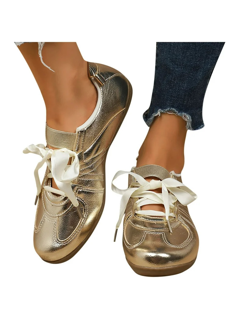 Gold Women Lace-Up Shoes Round Toe Flat Sole Comfortable Matching Pu Upper Casual Low Heel | Walmart (US)