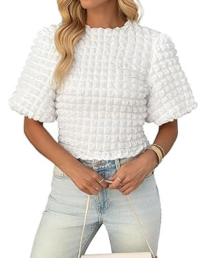 Women's Short Puff Sleeve Tops 2025 Trendy Crewneck Slightly Crop Tops Textured T Shirts Bubble P... | Amazon (US)