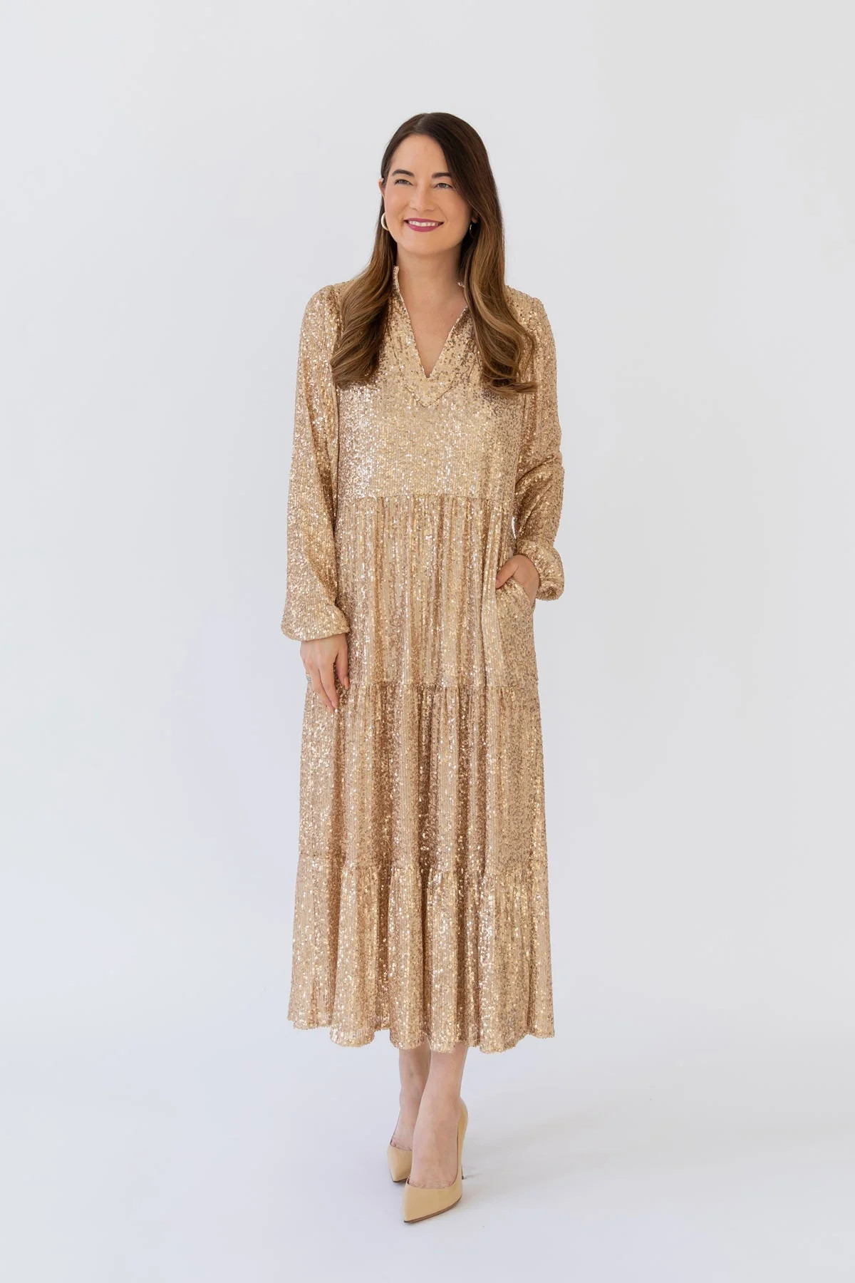 Gold Anne Sequin Midi Dress | Sail to Sable
