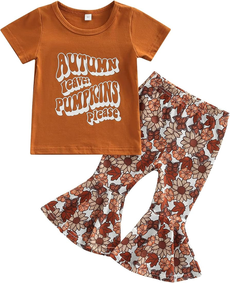 Toddler Baby Girl Halloween Clothes Set Funny Letter Tops and Pumpkin Pants Set Bell Bottom 2Pcs ... | Amazon (US)