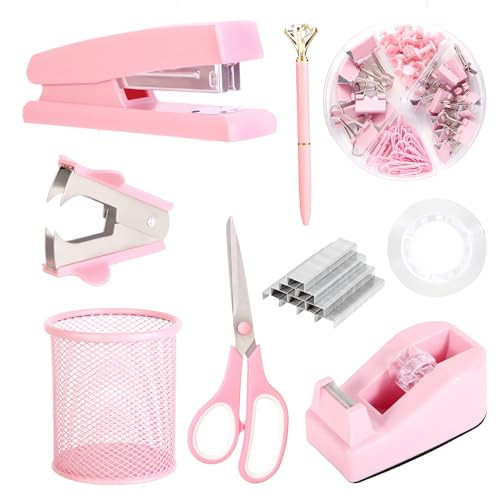 Pink Desk Accessories, Pink Office Supplies Set with Stapler, Tape Dispenser, Staple Remover, Pen Holder, Scissor, Binder/Paper Clips, Ballpoint Pen, Clear Tape and 1000pcs Staples | Amazon (US)