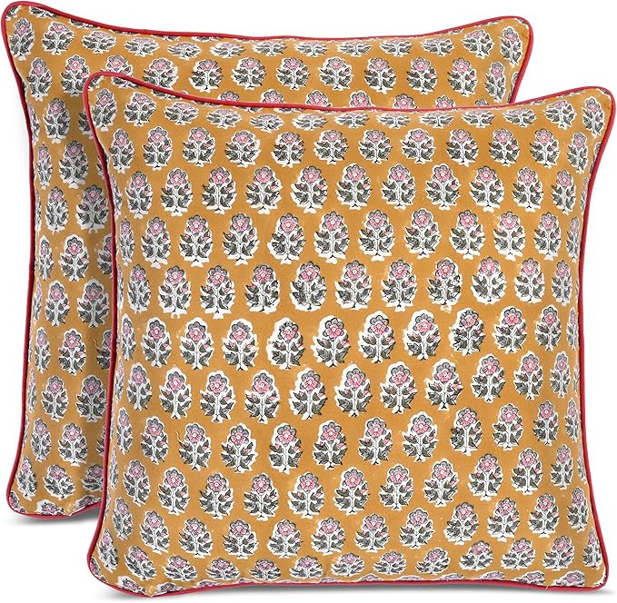 CPC 100% Cotton Throw Pillow Covers 20x20 Inch, Set of 2 Yellow Block Print Pattern Couch Pillow,... | Amazon (US)