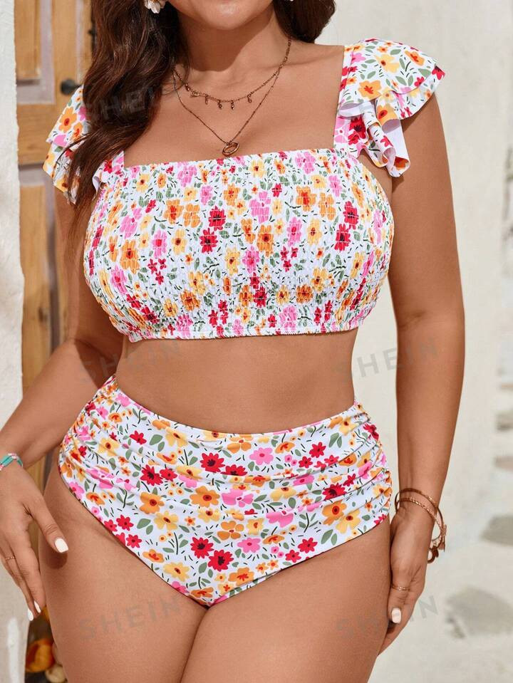 SHEIN Swim Mod Plus Size Women's Floral Printed Simple Daily Swimsuit Set | SHEIN