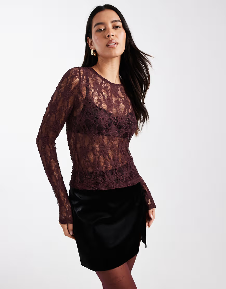 ONLY lace long sleeve top in dark burgundy-Red | ASOS (Global)