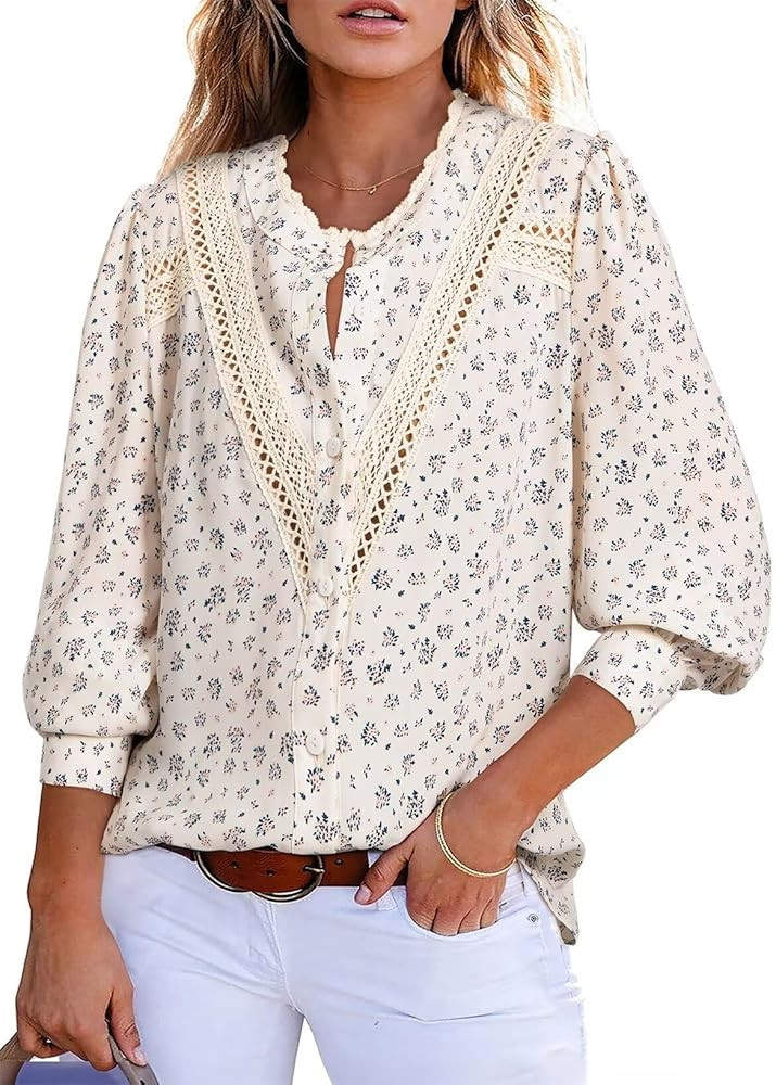 Astylish Womens 2025 Lace Crochet Patchwork Floral Shirt Long Sleeve Crew Neck Button Down Boho B... | Amazon (US)