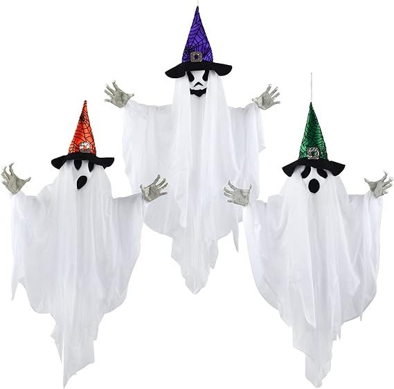 JOYIN 3 Pack 24.8" Hanging Ghost Decorations, Halloween White Ghost with Hats for Haunted House G... | Amazon (US)