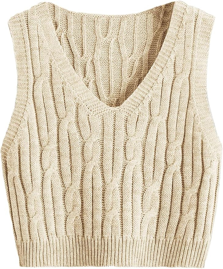 Romwe Women's Cable Knit Crop Sweater Vest Preppy Style Sleeveless V Neck Knitwear Tank Tops | Amazon (US)
