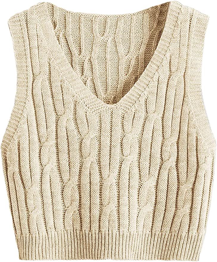 Romwe Women's Cable Knit Crop Sweater Vest Preppy Style Sleeveless V Neck Knitwear Tank Tops | Amazon (US)