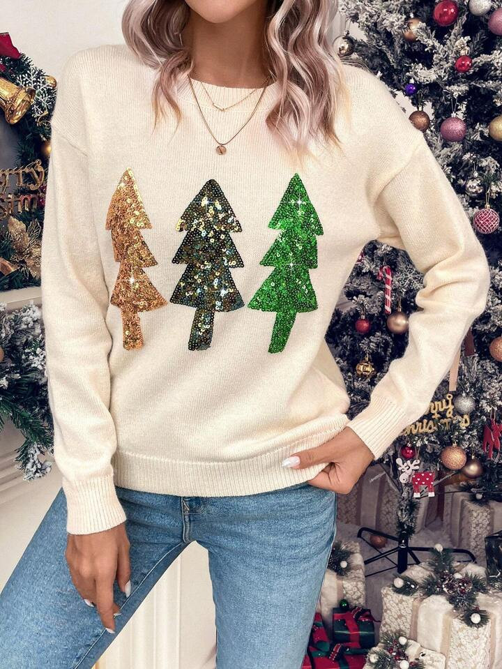 SHEIN Frenchy Christmas Tree Pattern Drop Shoulder Sweater | SHEIN